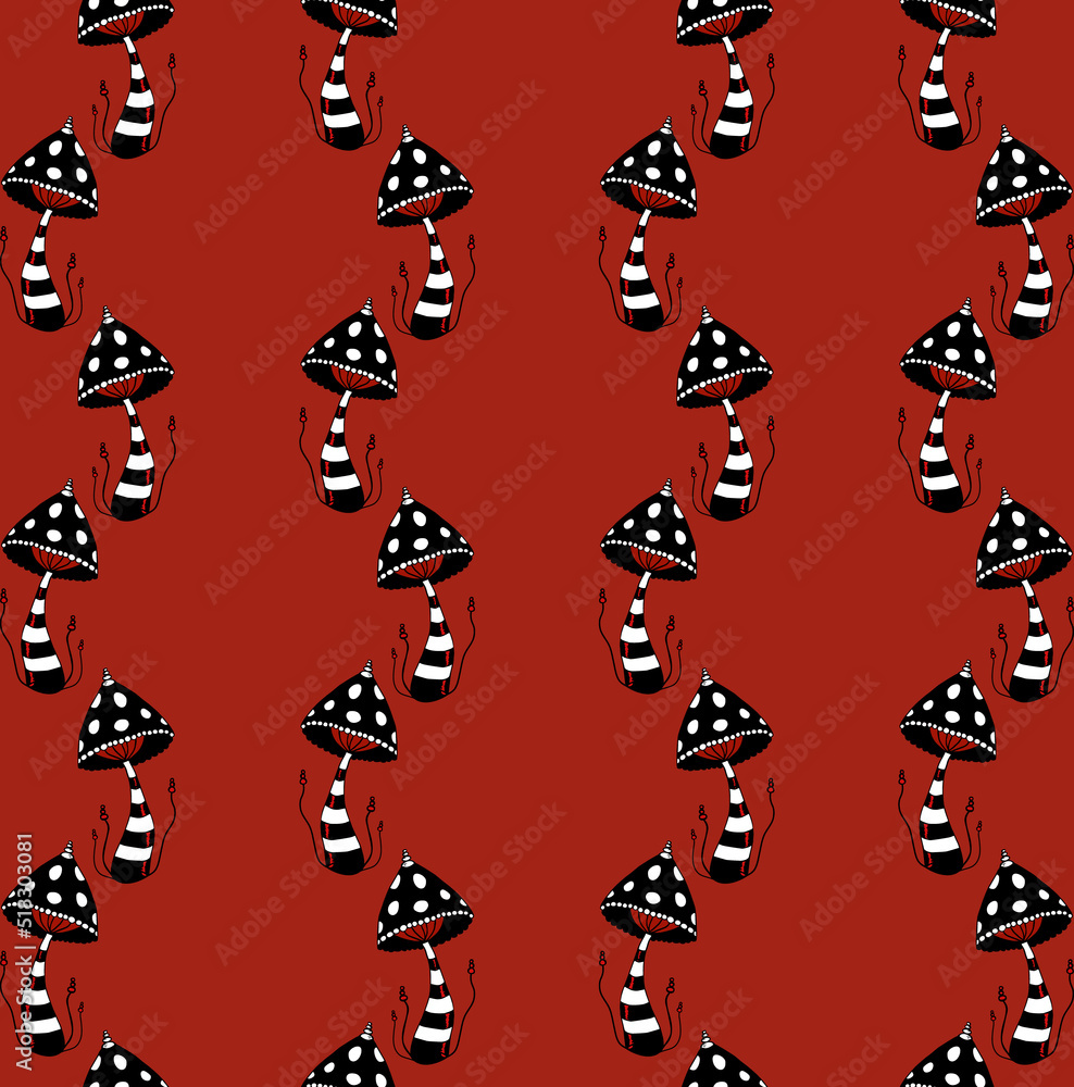 Amanita mushrooms hand drawn seamless pattern on red background