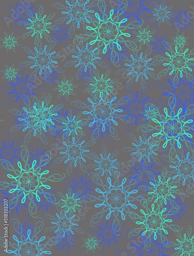 Vertical illustration, azure, green, blue abstract flowers on gray background © dunya8