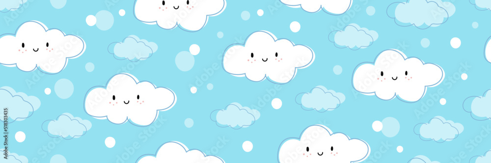 Cute pastel sky smiling clouds cartoon doodle pattern