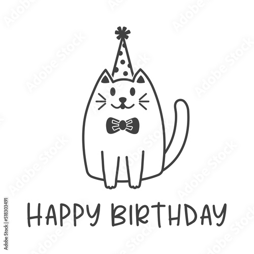 Happy birthday vector quote. Birthday wishes cute greeting card template. Isolated design element. Cute cat and Happy Birthday.