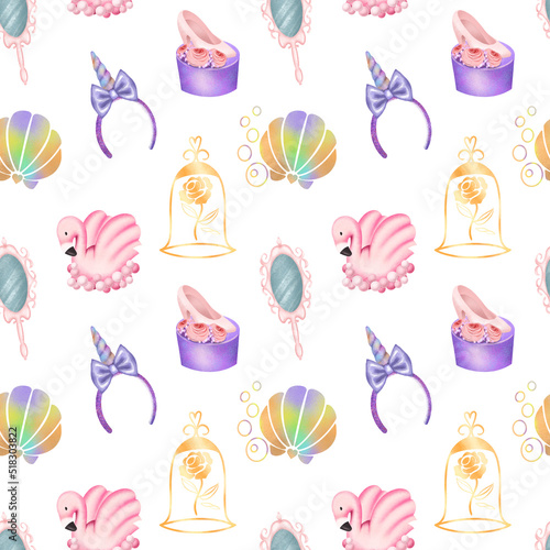 Seamless pattern of fairy tale and amusement park elements, illustration on a white background photo