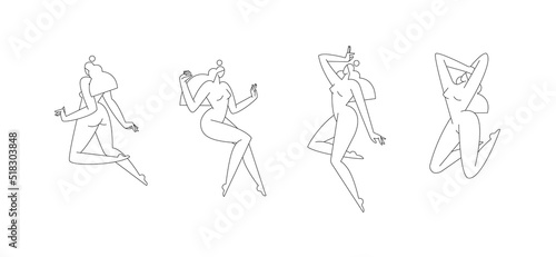 Contemporary female body vector illustration set. Nude woman silhouette in abstract pose, feminine figure graphic design, Line art, editable strokes. Beauty, body care concept for logo. Modern art