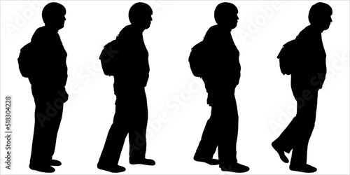 An older woman in a tracksuit and with a backpack on her back. Women go in a row, one after another. Hiking. Entertainment for older people. Four black female silhouettes isolated on white background