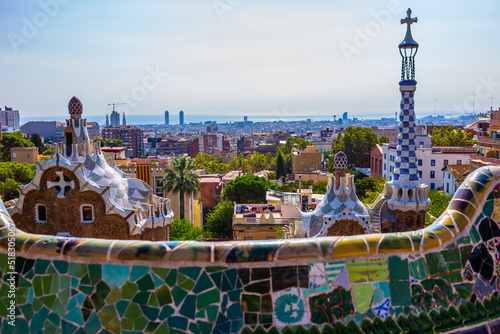 Park Guell by architect Antoni Gaudi in Barcelona, Spain. Incredible mosaic in Park Guell