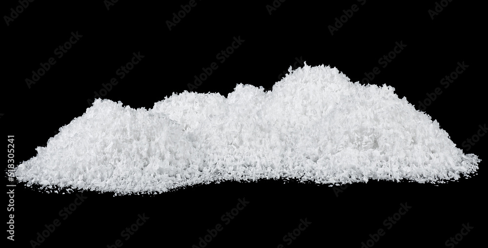 Pile of white snow on a black background. Snow crystals. Snowdrifts.