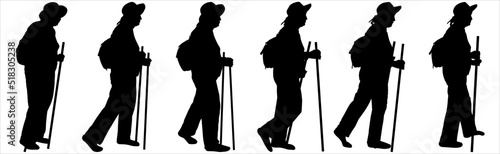 An older woman in a tracksuit, with a hat on her head, with a backpack on her back, walks with the help of walking sticks. Women go in a row, one after another. Black silhouettes isolated on white
