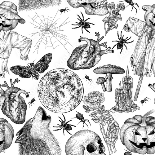 Seamless vector Halloween pattern in engraving style. Graphic skull, carved pumpkin, skeletal hand, moth, tarantula spider, cobweb, candles, full moon, wolf, human heart, scarecrow