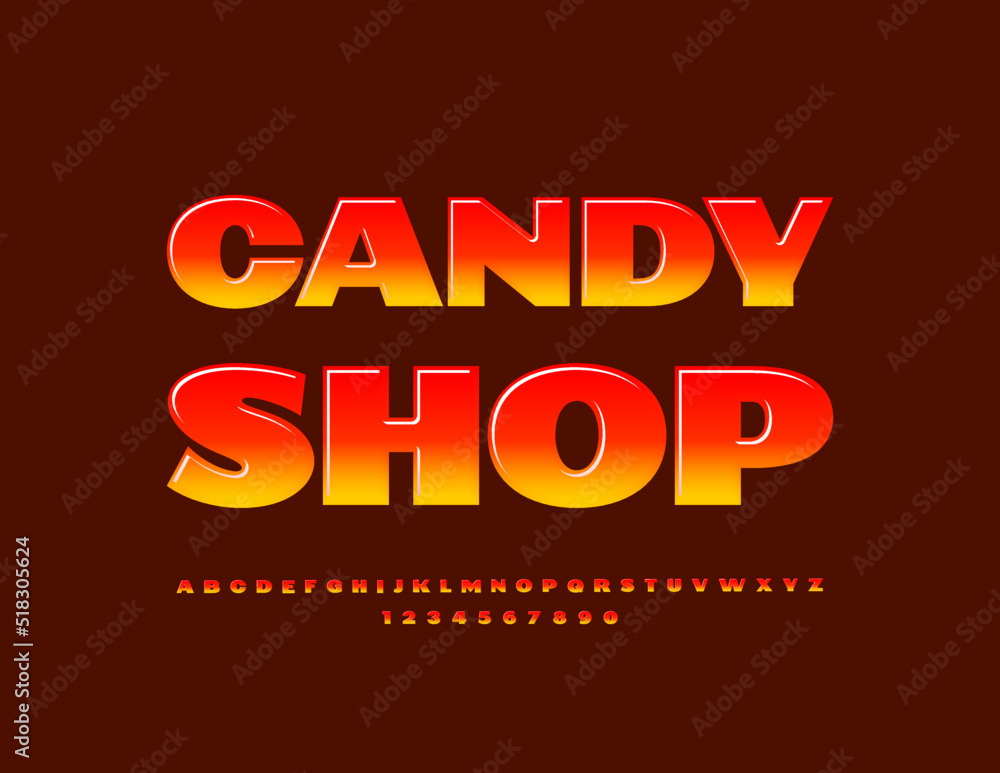 Vector glossy logo Candy Shop.  Modern Brightl Font. Artistic Alphabet Letters and Numbers set