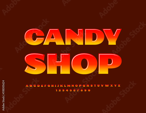 Vector glossy logo Candy Shop.  Modern Brightl Font. Artistic Alphabet Letters and Numbers set