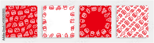 Fast food icon pattern background for graphic design.Square vector template set.
