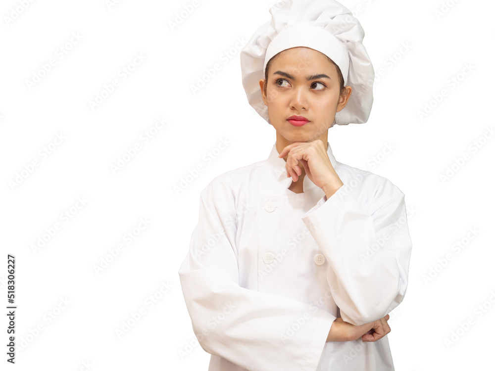 Asian woman in chef's uniform is cooking in the kitchen. Asian woman in chef's uniform is cooking in the kitchen.