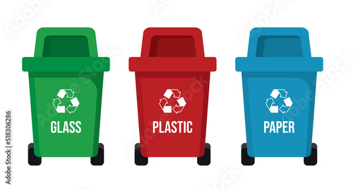 Garbage recycling vector illustration on a colored background. Trash can of e-waste, paper, organic, glass, plastic, metal