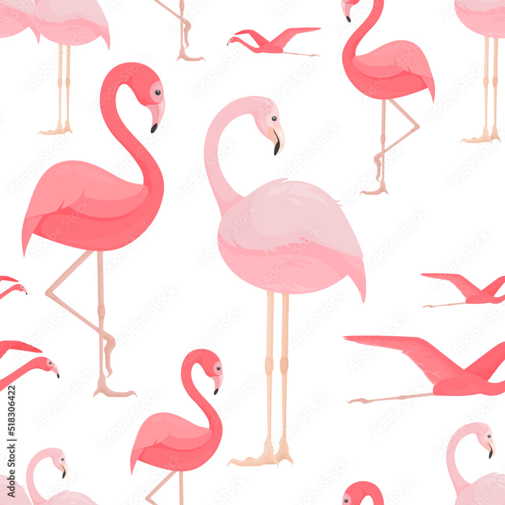 Fototapeta premium Vector seamless pattern with many elegant flamingos on white background. Tropical bright pink birds for decorative summer layout design, trendy textile prints. Animals of Africa and South America. Zoo