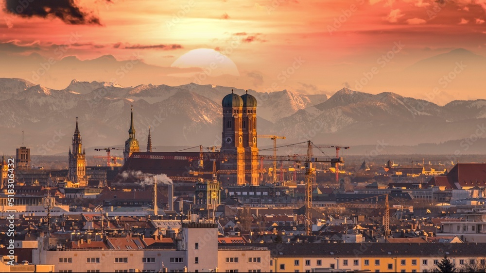 Munich skyline aerial view at sunset, munchen germany city. Frauenkirche munich