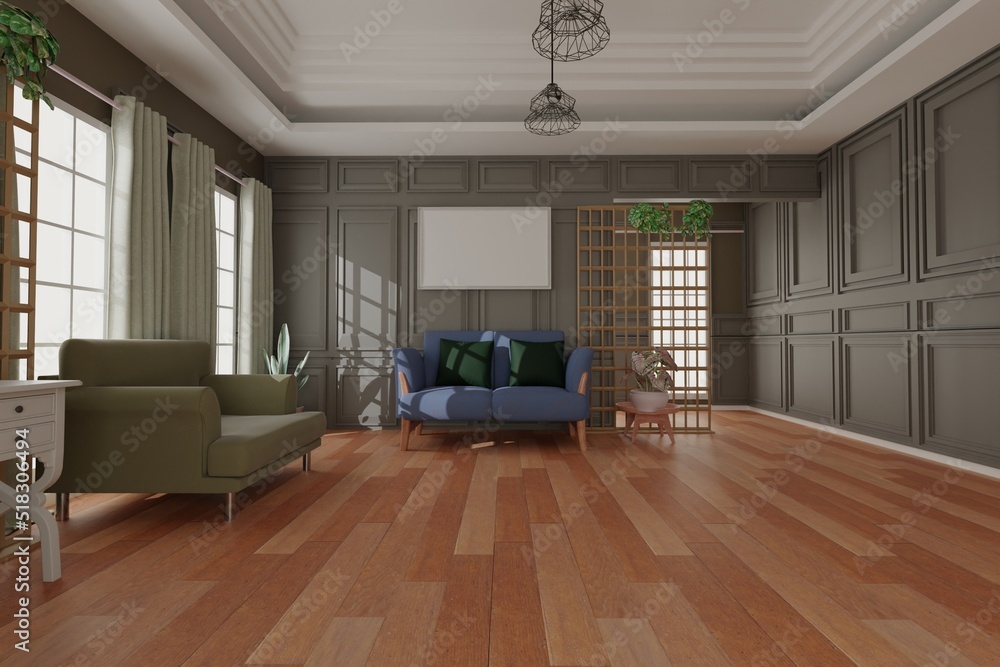 Fototapeta premium living room picture frame interior design 3d rendering