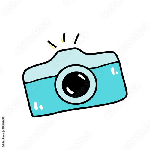 Hand drawn colorful camera doodle style, vector illustration isolated on white background. Blue device for making shots, photo equipment, cute design element