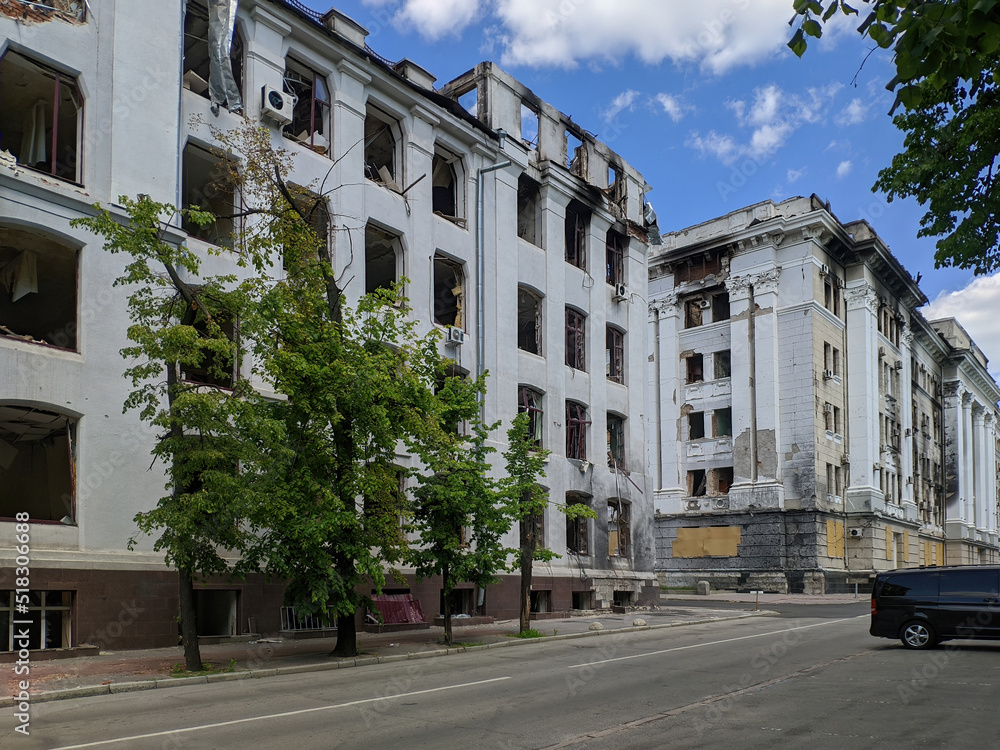 The destroyed building of the Karazin National University as a result of rocket fire by the Russian invaders. War in Ukraine.