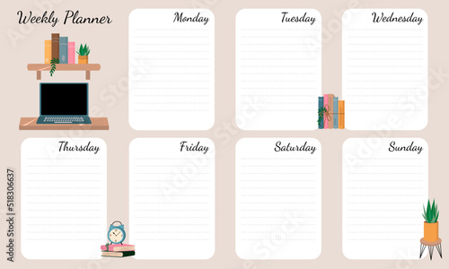 Hand drawing vector weekly planner with home interior decor, books and  plants illustrations. Template for agenda, schedule, planners, checklists, notebooks, cards and other statione