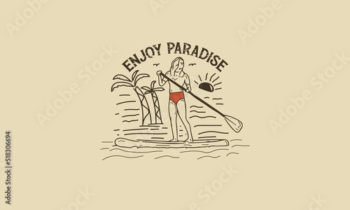 Enjoy Paradise Vintage Graphic Woman Paddle Surf Illustration