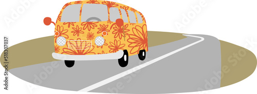 hippie bus vector illustration clipart, groovy hippy van road trip clip art, retro city sublimation design images, mountain landscape scenery