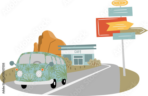 hippie bus vector illustration clipart, groovy hippy van road trip clip art, retro city sublimation design images, road Cafe near mountain with road sign landscape scenery