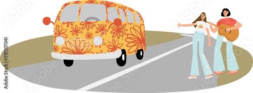 groovy hippie vector illustration clipart, retro 70s hippy bus van road trip clip art, landscape scenery, peace and love scene clipart, sublimation design images