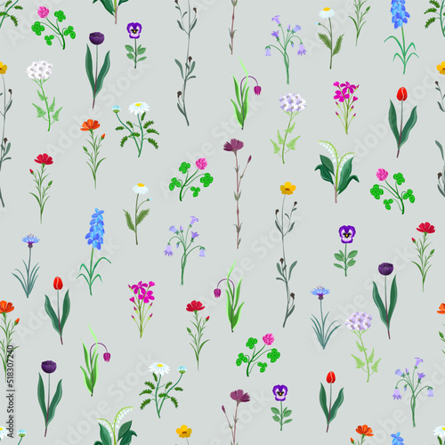Different types of wild flowers. Seamless pattern.