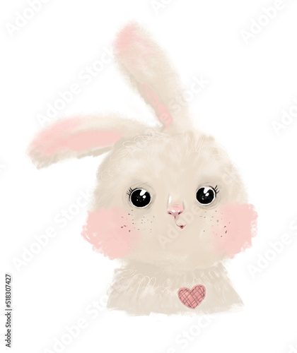Cute bunny rabbit hand drawn in watercolor in nursery childish style. Pale pastel smiling cartoon character animal. Easter happy baby print