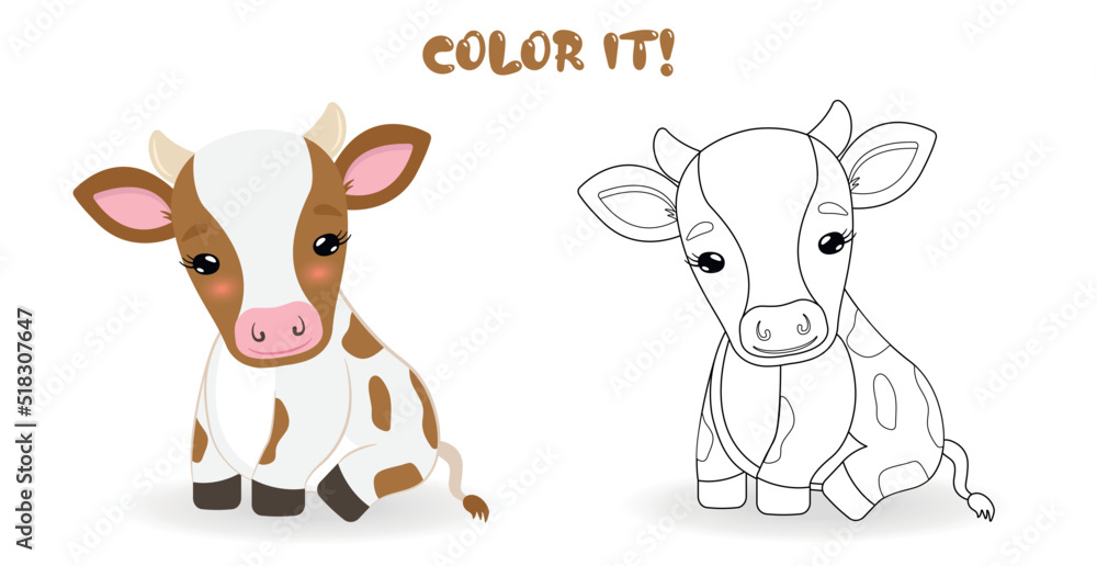Coloring page for children. Color it. Little cute cow vector illustration