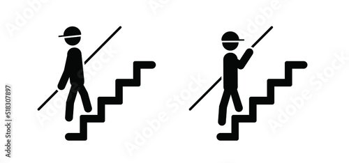 Handrail. Ladder descending, ascending. Arrow stairs climbing. Go down, up. to exit. Person, stickman, stick figure man. Downstair op upstairs logo. Cartoon steps. man going down or up.