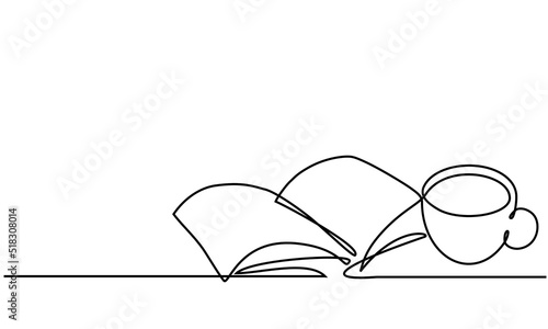 Open book and cup. Continuous line drawing. Coffee, tea and book. Sketch
