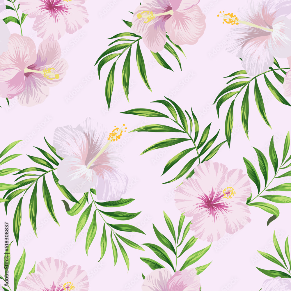 Seamless tropical pattern with hibiscus, orchid palm leaves. Botanical exotic vector illustration.	