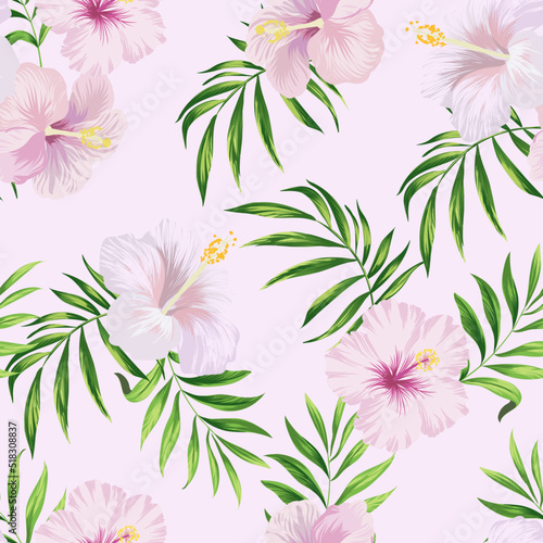Seamless tropical pattern with hibiscus  orchid palm leaves. Botanical exotic vector illustration. 