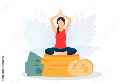 Woman sitting in lotus pose, meditating on coins, meditation on money income, mental health concept, increasing money concept flat vector illustration.