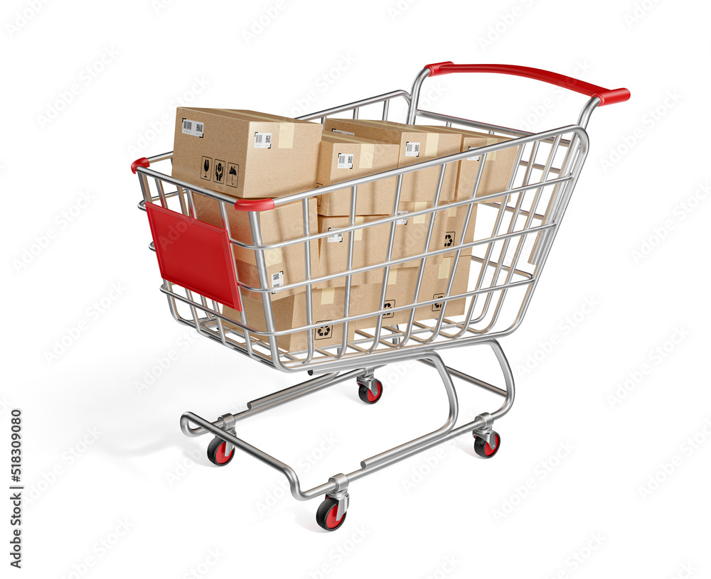 shopping cart with boxes in 3d render realistic