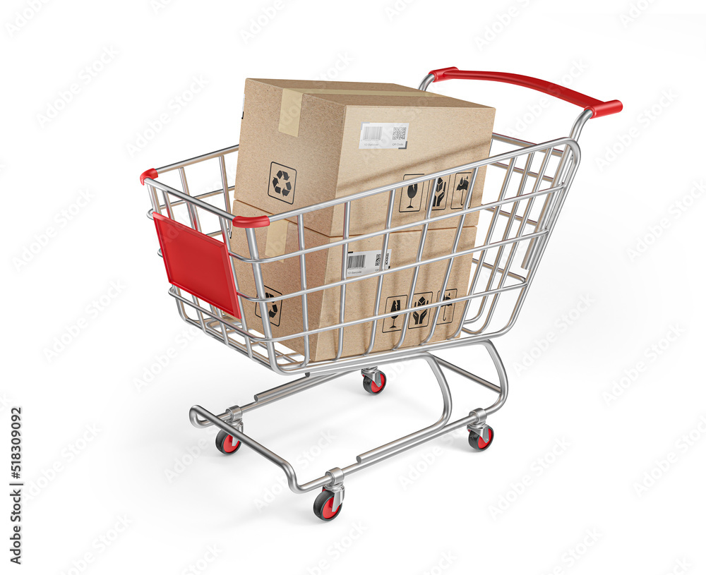 shopping cart with box in 3d render realistic