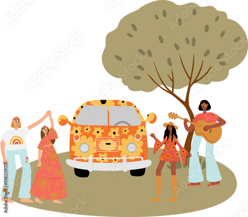 groovy hippie vector illustration clipart, retro 70s hippy bus van road trip clip art, meadow landscape scenery, peace and love scene clipart, sublimation design images