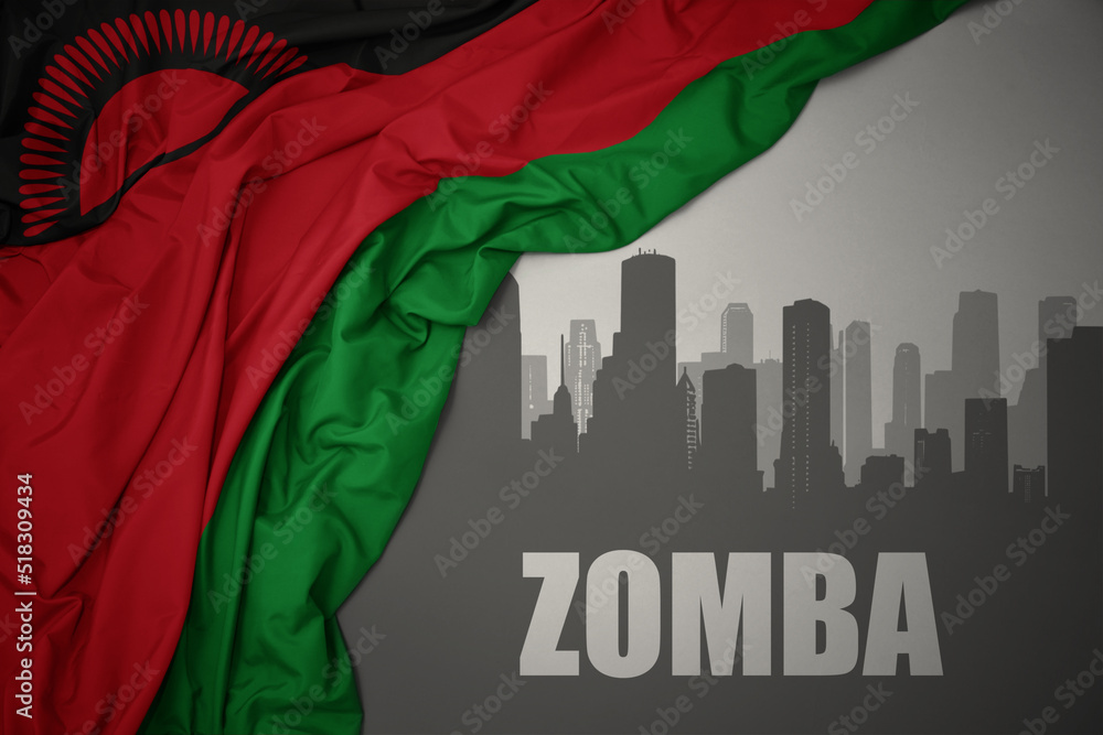 abstract silhouette of the city with text Zomba near waving colorful national flag of malawi on a gray background.