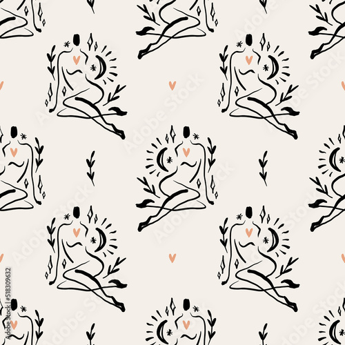 Yoga woman ornament silhouette, boho seamless pattern, sacred magic woman meditation mystical symbols, modern abstract style.