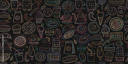 Coffee shop menu elements. Desserts and sweets. Hand drawn sketch. Seamless pattern background for your design