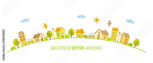 watercolor hand drawn landscape (orange and green)
