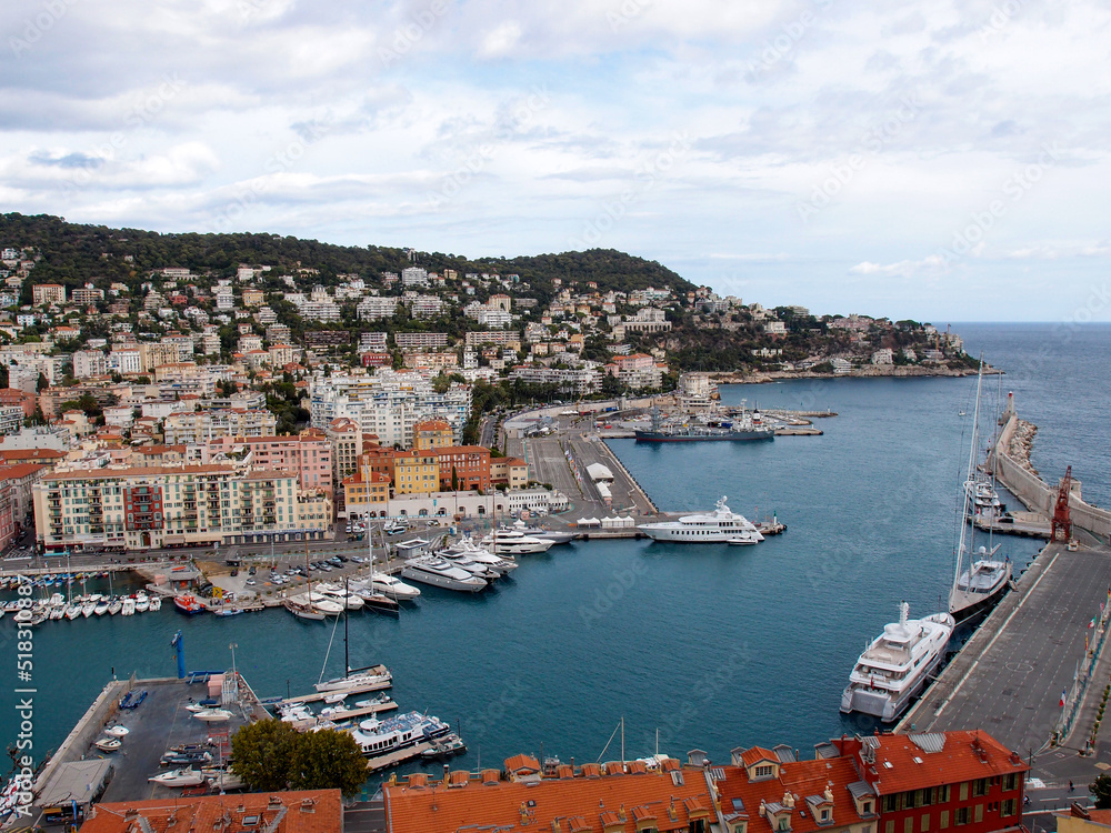 Aerial view of the port of Nice, on the French Riviera (Alpes-Maritime, Provence-Alpes-Côte d’Azur, France), from the fortress.