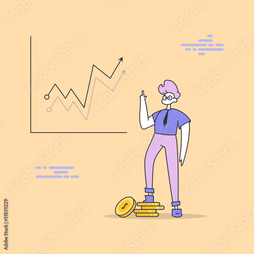 Investment profit and earning, man with a graph, stock market growth or fund flow depend on interest rate and inflation concept, businessman investor, man in glasses with coins, running up graph