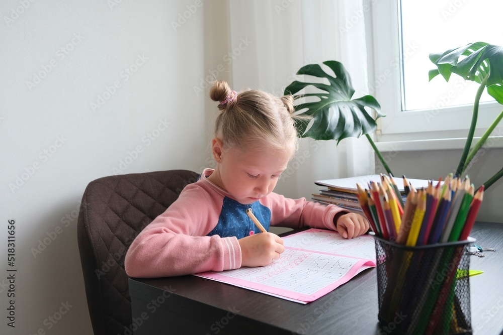 The girl is doing school assignments at home. Home schooling. Distance education. The girl is doing school assignments at home. Home schooling. Distance education.