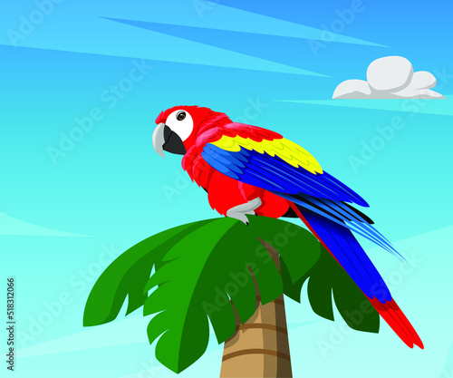 Ara parrot on a palm tree against the sky