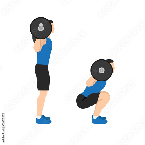 Man doing Squat with barbell exercise. Flat vector illustration isolated on white background