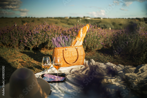 Picnic with ballons in lavender field.