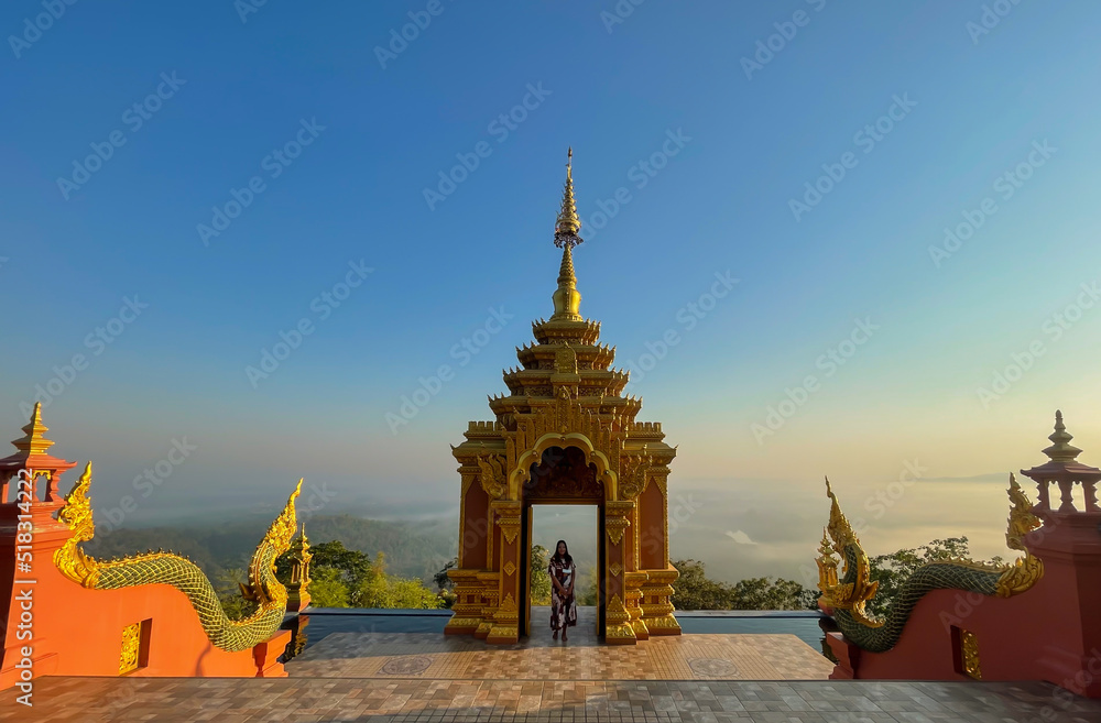 Beautiful landscape sunrise view point at Wat Doi Prachan Mae Tha Temple, Thailand.
