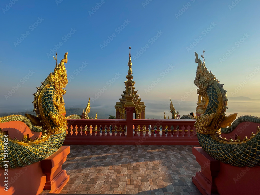 Fototapeta premium Beautiful landscape sunrise view point at Wat Doi Prachan Mae Tha Temple, Thailand.