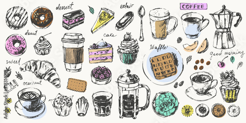 Hand drawn sketch of pastry breakfast dessert bakery sweet food, coffee
